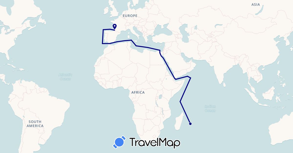 TravelMap itinerary: driving in Djibouti, Egypt, France (Africa, Europe)